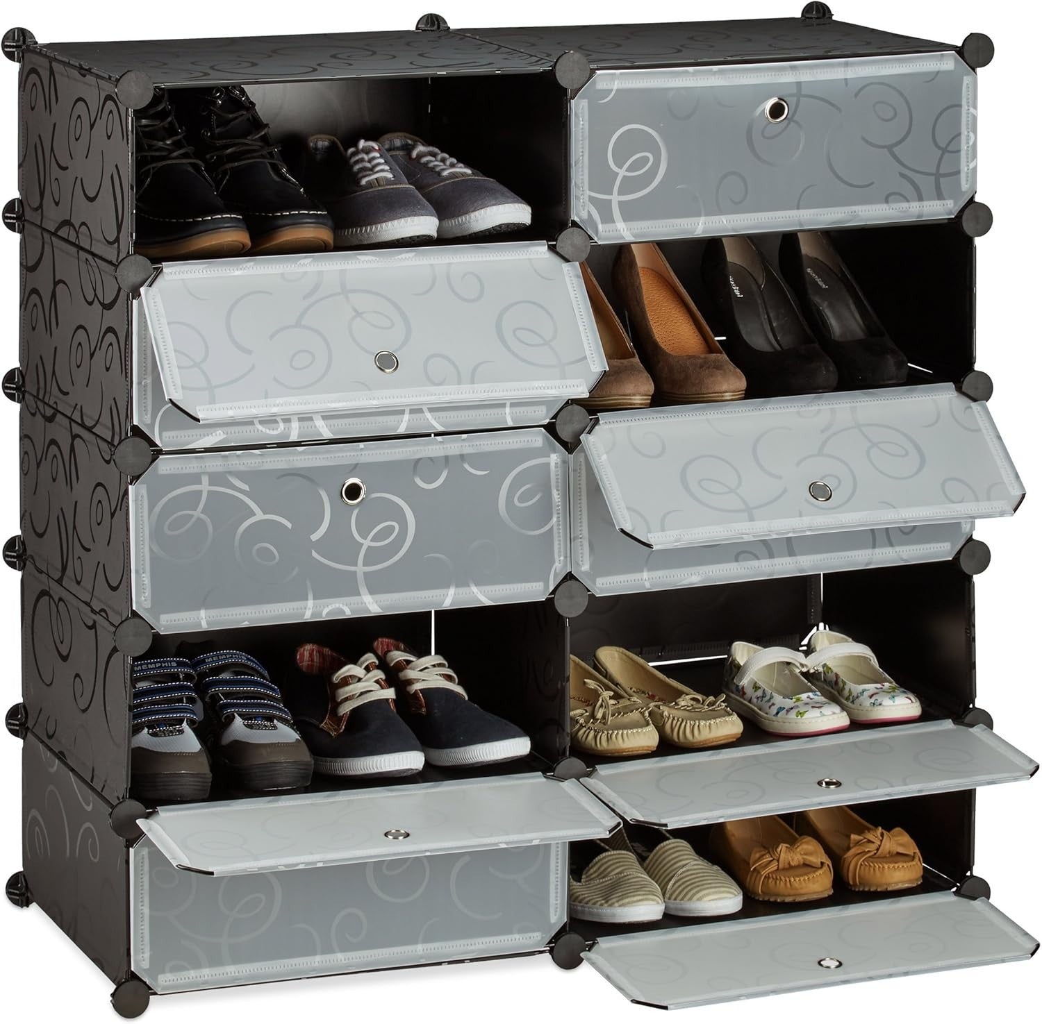 Wide 10 Tier Shoe Cabinet – Black Plastic Stackable Rack, 90cm High