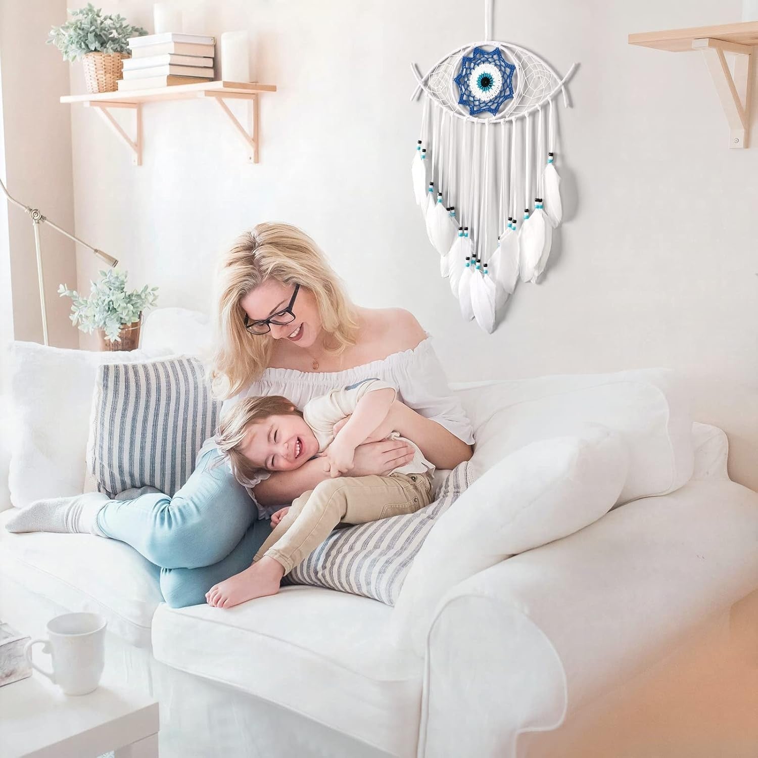 Boho Evil Eye Dream Catcher White Macrame Wall Hanging Decor