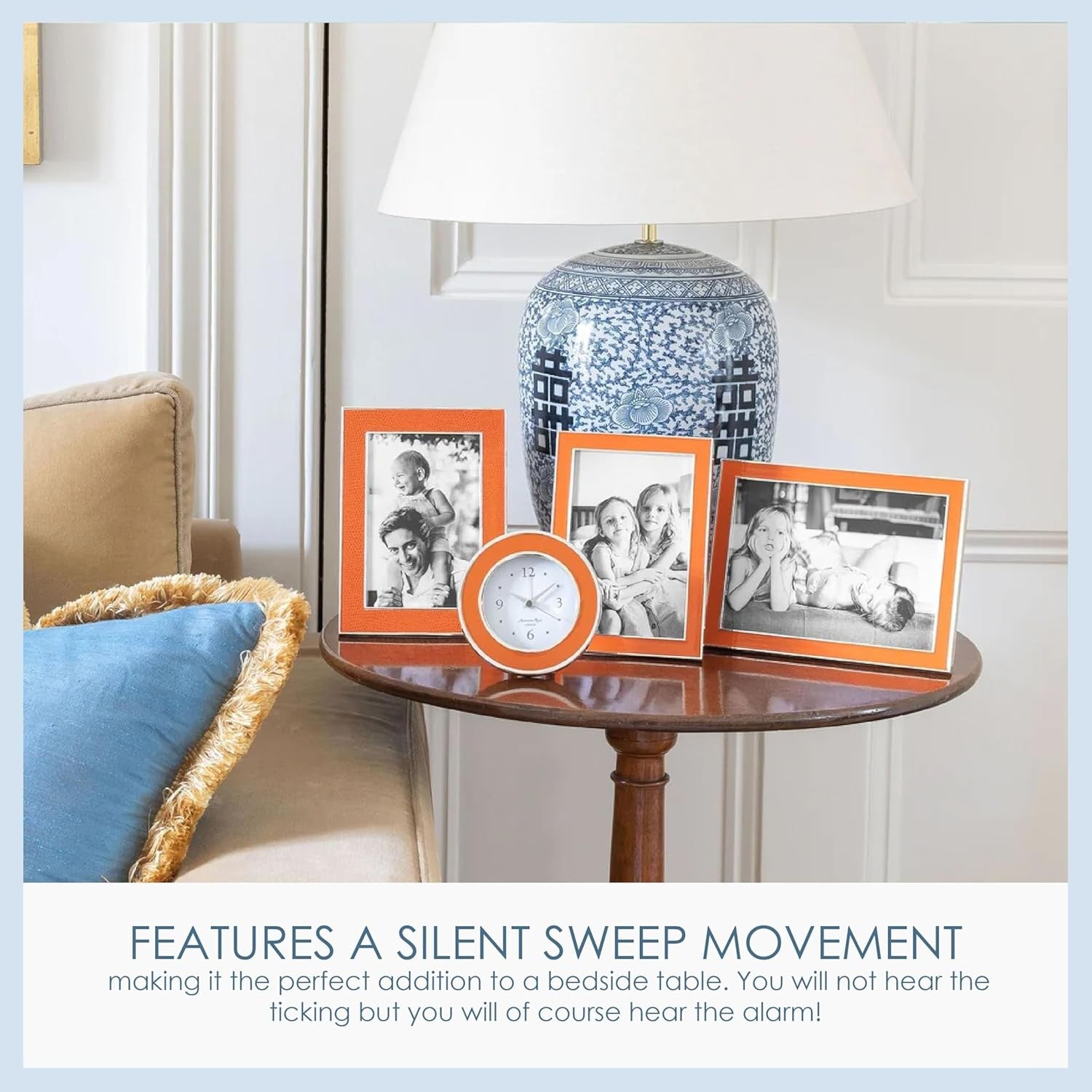 Silent Sweep Battery Alarm Clock Compact Bedside Home Orange