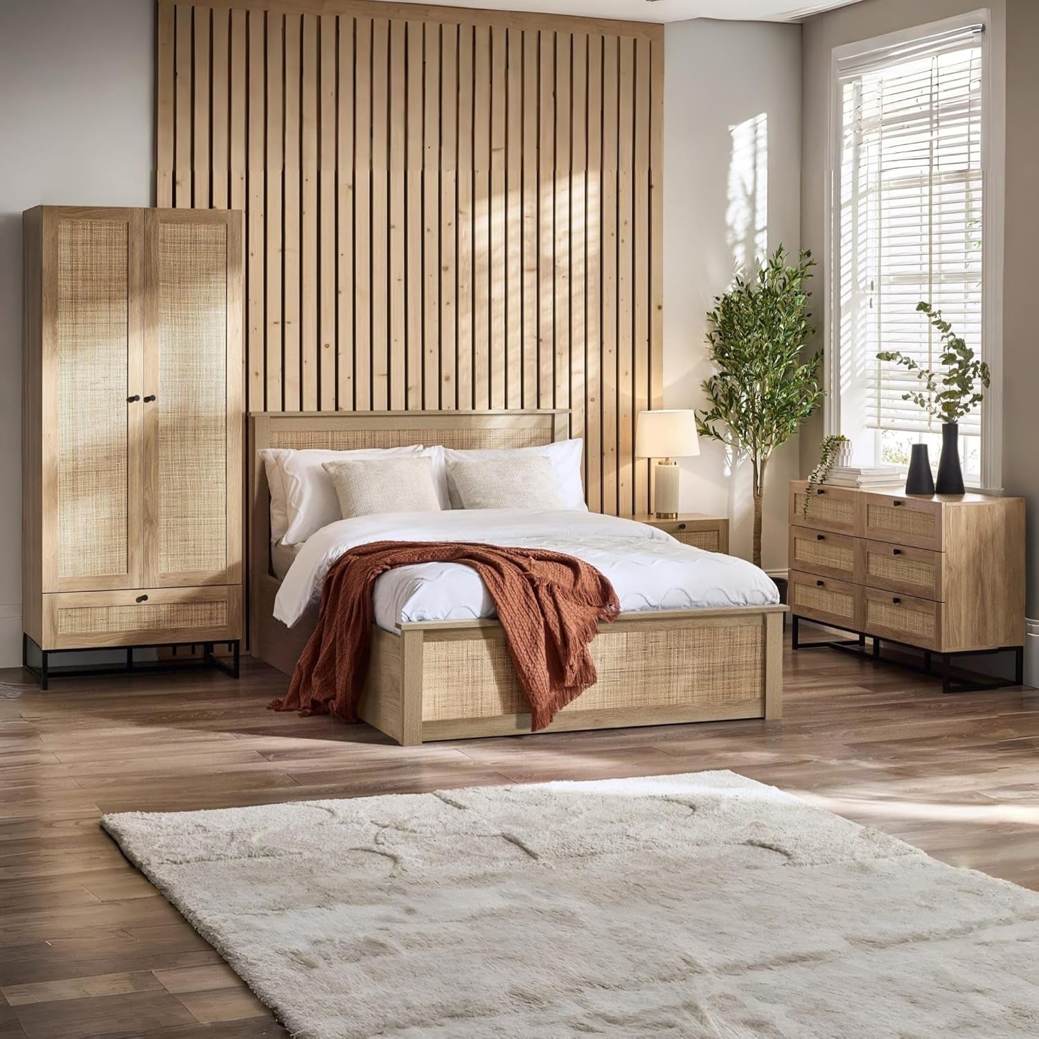 Modern Oak 2 Drawer Bedside Table with Rattan Front 50x30x55cm