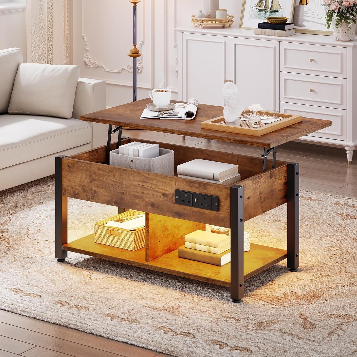 Lift-Top Coffee Table with Hidden Storage & LED Lights, Power Outlets