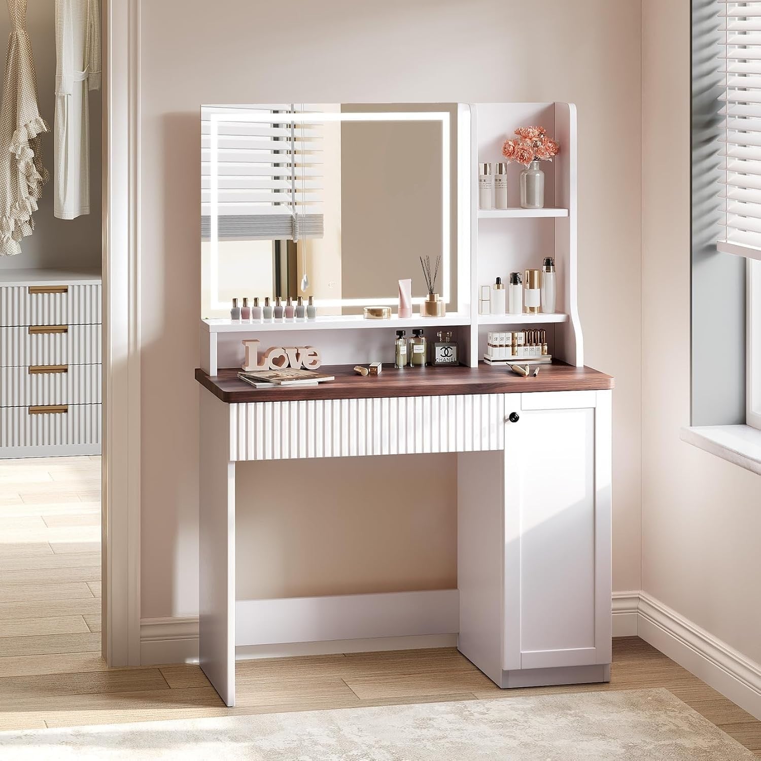 Vanity Makeup Dressing Table Set w/ LED Light Mirror Storage Drawer Desk Beige