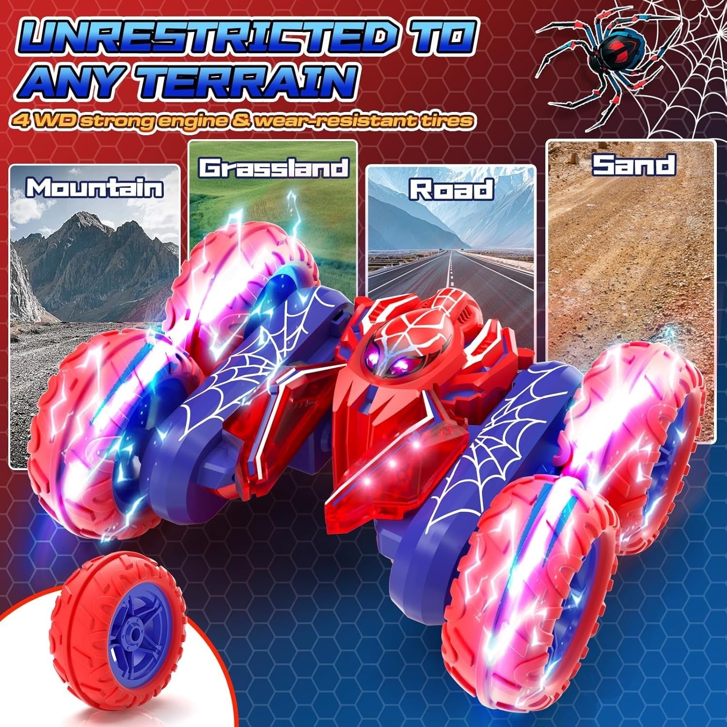 4WD Spider Stunt RC Car with Full-Body Lights – 360° Flip Toy for Kids 3–8+