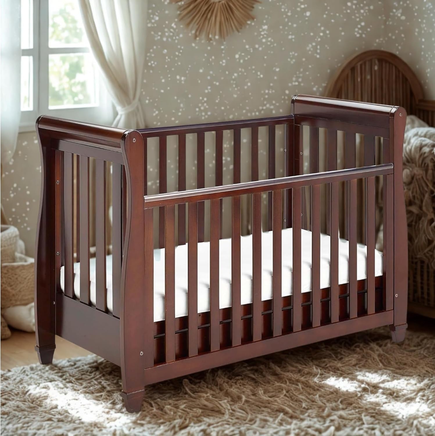 Baby Cot Bed Convertible Toddler Day Bed Adjustable Height w/o Mattress Brown