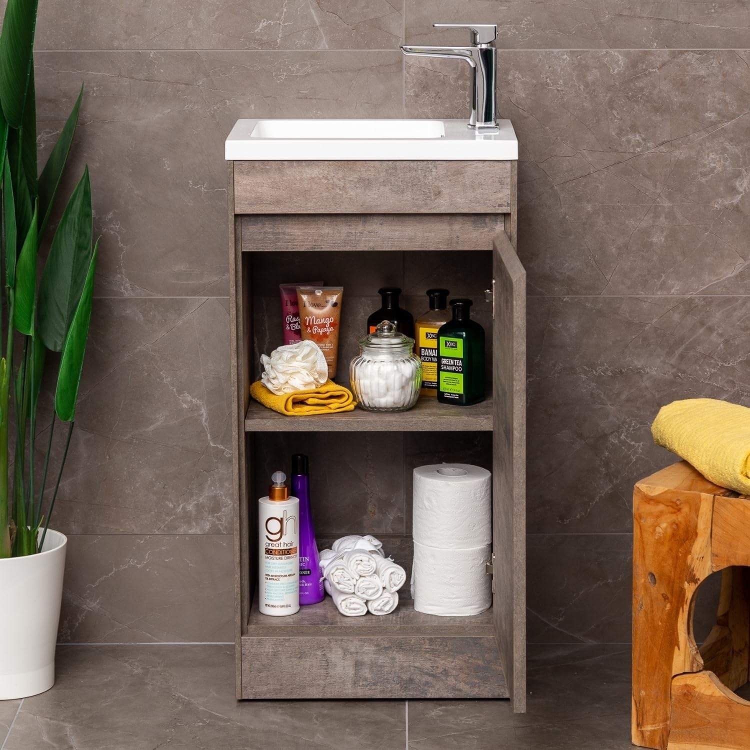 440mm Brown Floor Standing Vanity Unit with Polymarble Basin & Soft Close Door