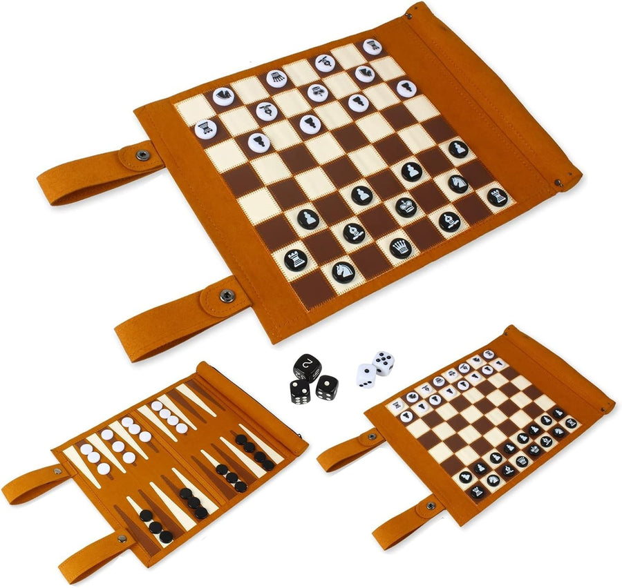 3 in 1 Rollable Chess Checkers Backgammon Set Portable Travel Board Game
