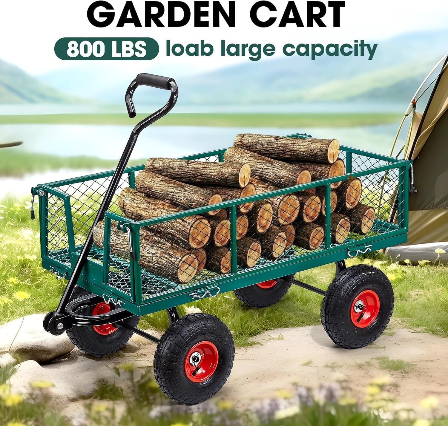 Green Heavy Duty Garden Trolley 1100lbs Steel Mesh Cart Wagon with 10" Tyres
