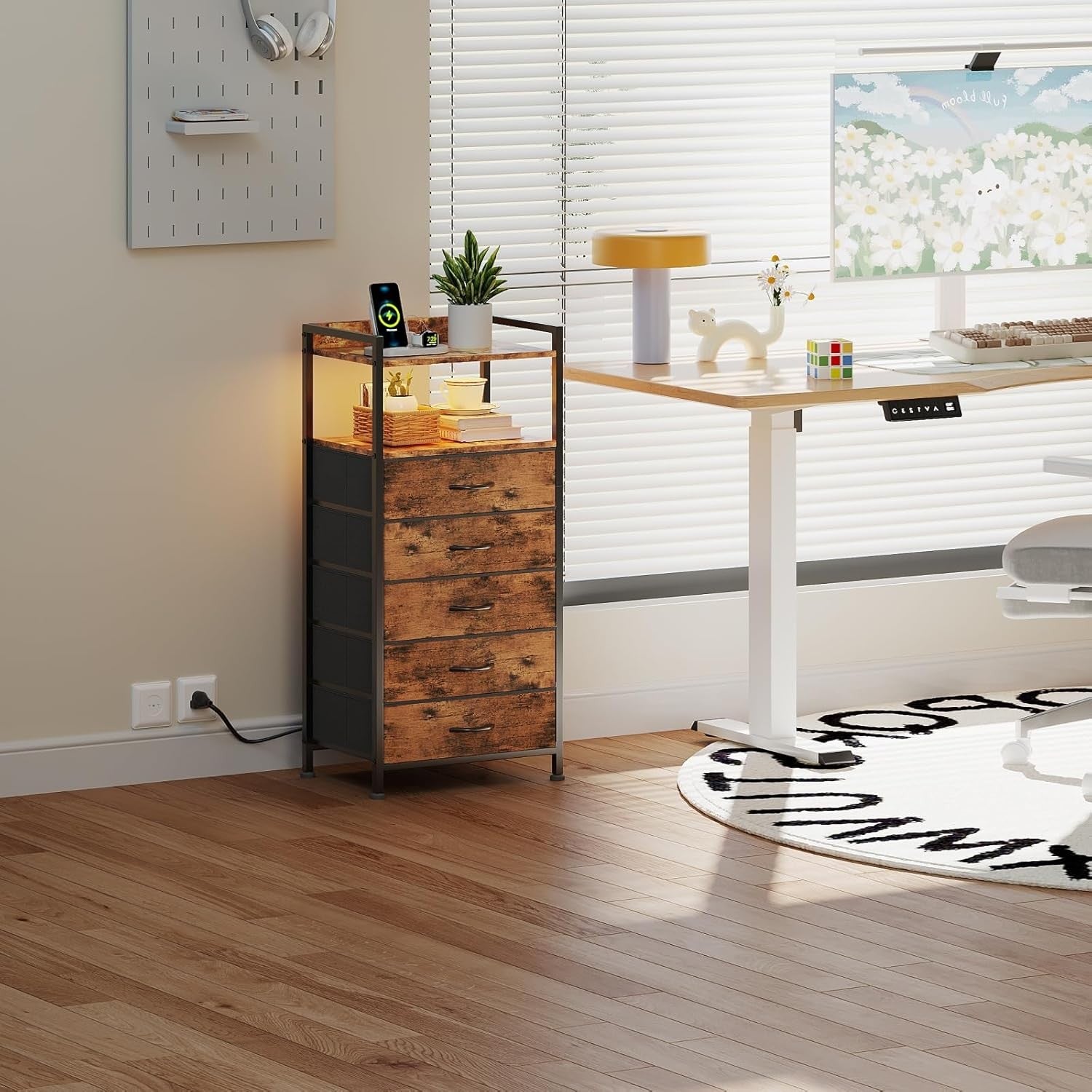 Tall Rustic Brown LED Bedside Table with Charging Ports 5-Drawer Storage Unit