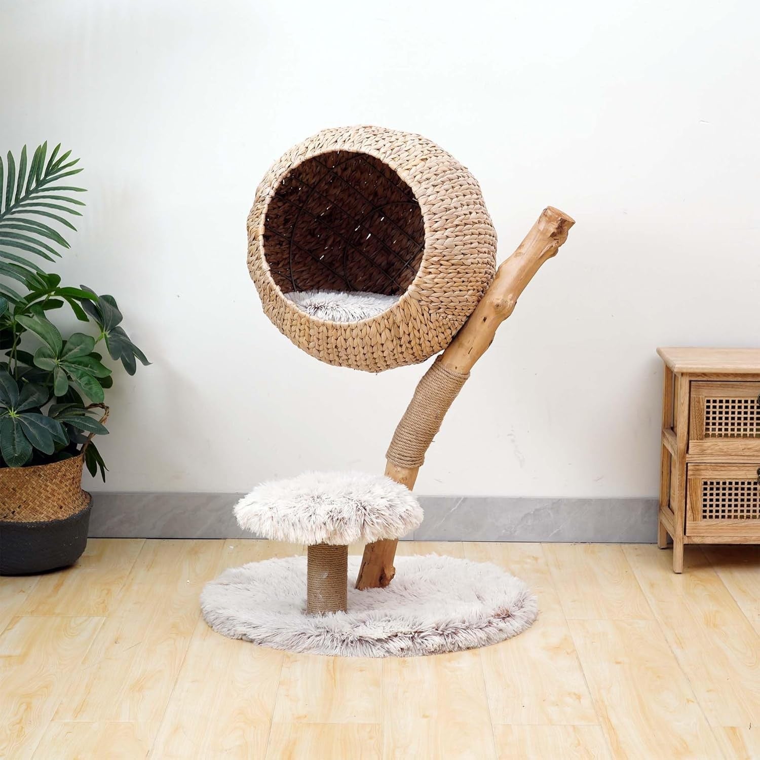 83cm Designer Cat Tree with Basket Bed Natural Wood Scratching Post