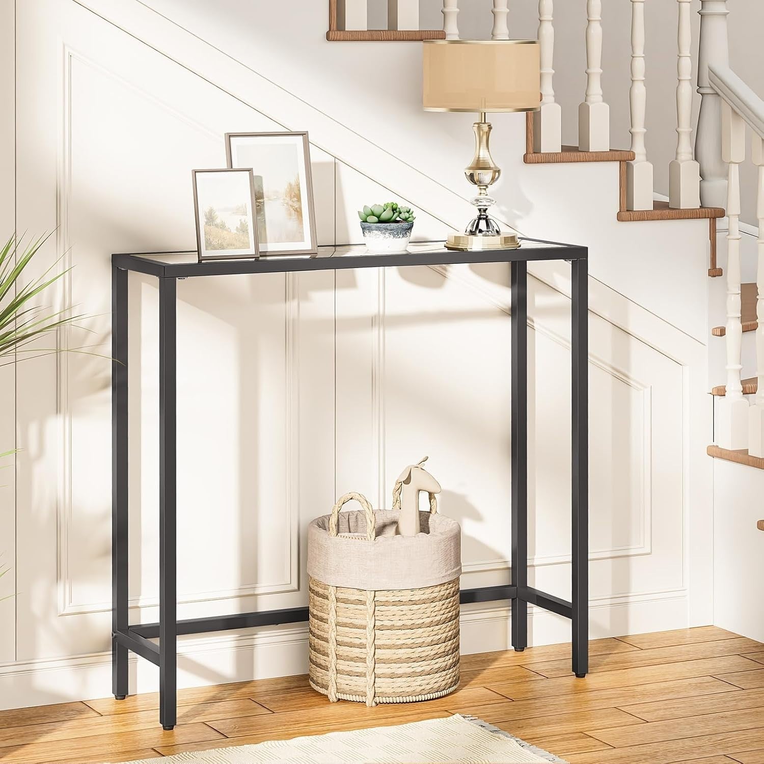 Slim Black Console Table with Glass Top, Modern Metal Frame, 75x22x80cm