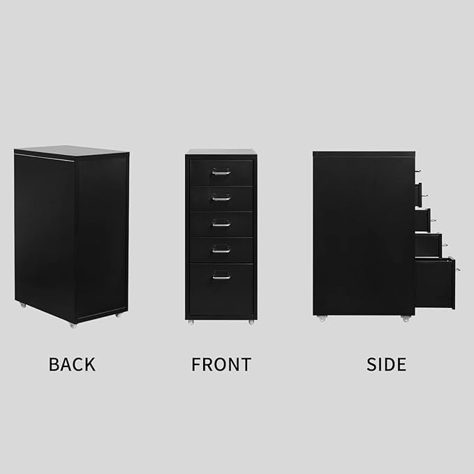 5 Drawer Metal File Cabinet with Wheels, Rolling Office Storage Unit, Under Desk
