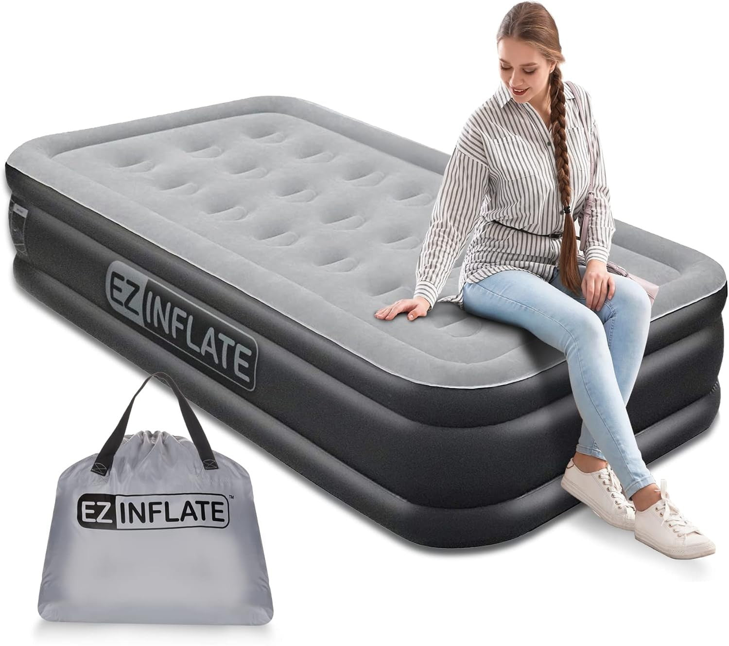 Double-High Twin Air Mattress with Built-in Pump & Flocked Top