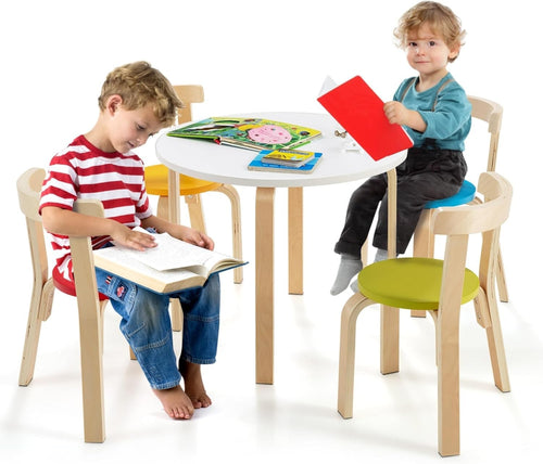 Kids Table and Chairs Set 5pc Wooden Round Playroom Furniture with 4 Stackable C