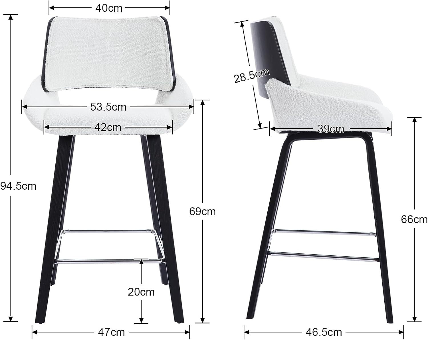 Modern White Bar Stools Set of 2 | Sherpa Seat, Solid Wood Frame