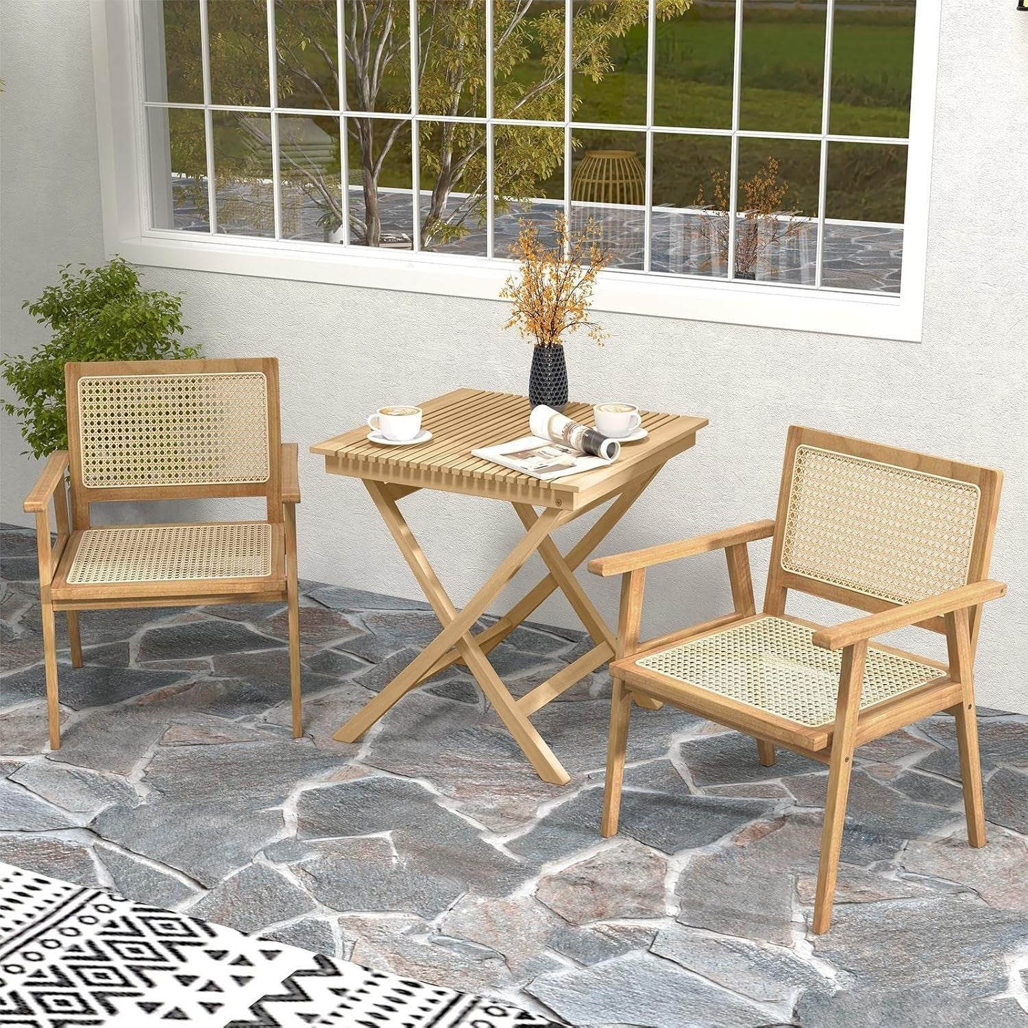 3 Piece Bistro Set Teak Wood Folding Table Rattan Chairs Outdoor Patio