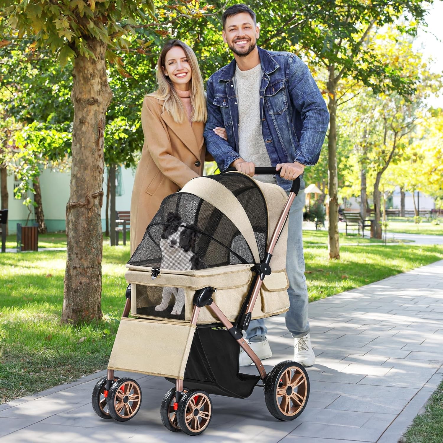 Dog Stroller with Reversible Handle Foldable Pet Pushchair 4 Wheel Travel