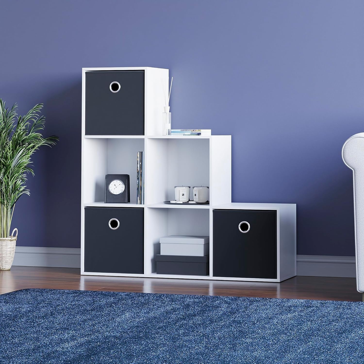 6 Cube White Staircase Storage Bookcase with 3 Black Baskets – Modern Organizer