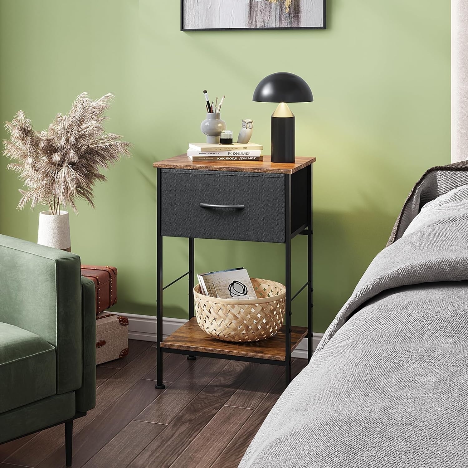Rustic Brown 2-Tier Bedside Table with Drawer – Slim Nightstand Storage
