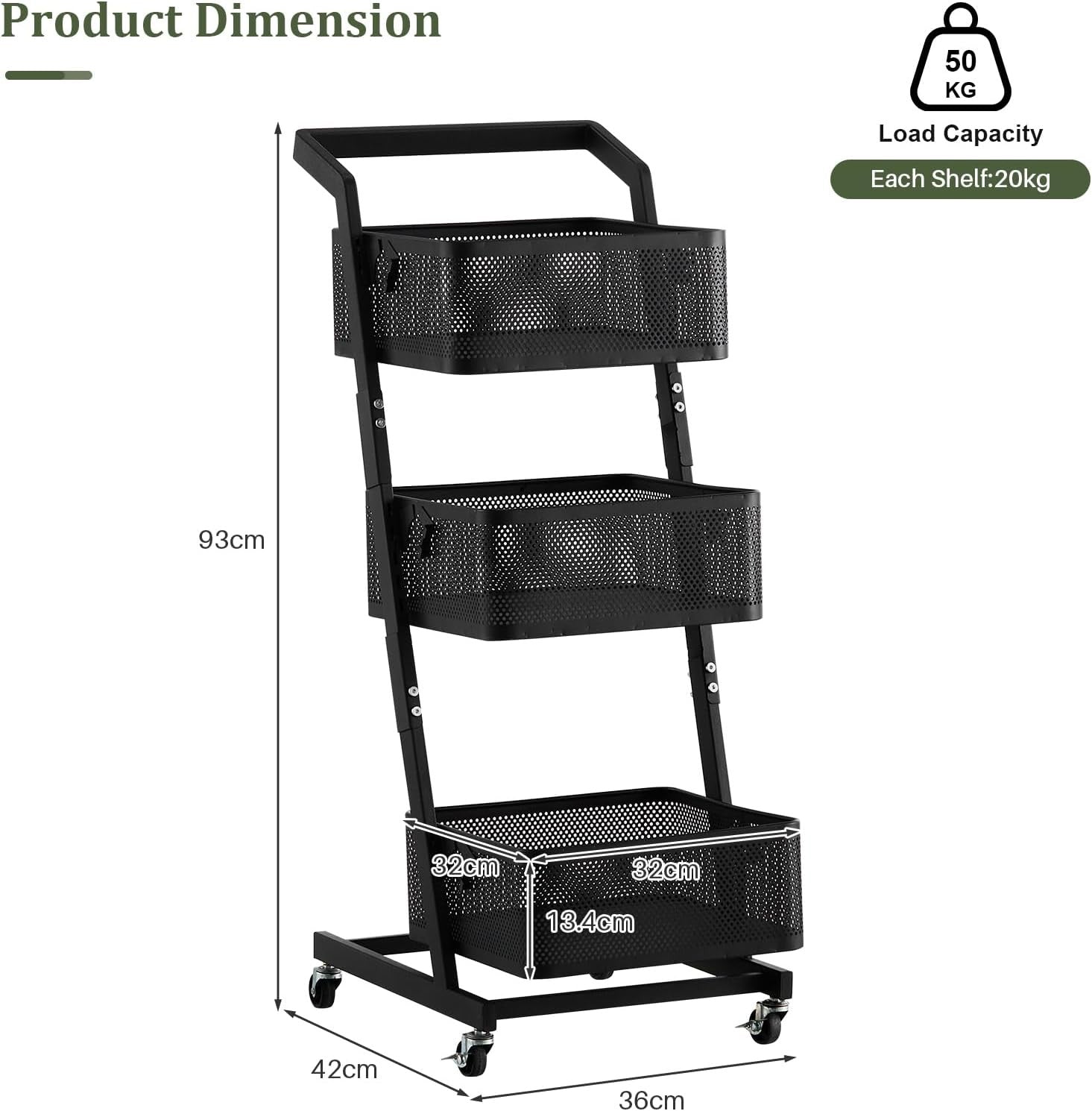 3 Tier Rolling Storage Trolley Metal Basket Organizer with Wheels Black