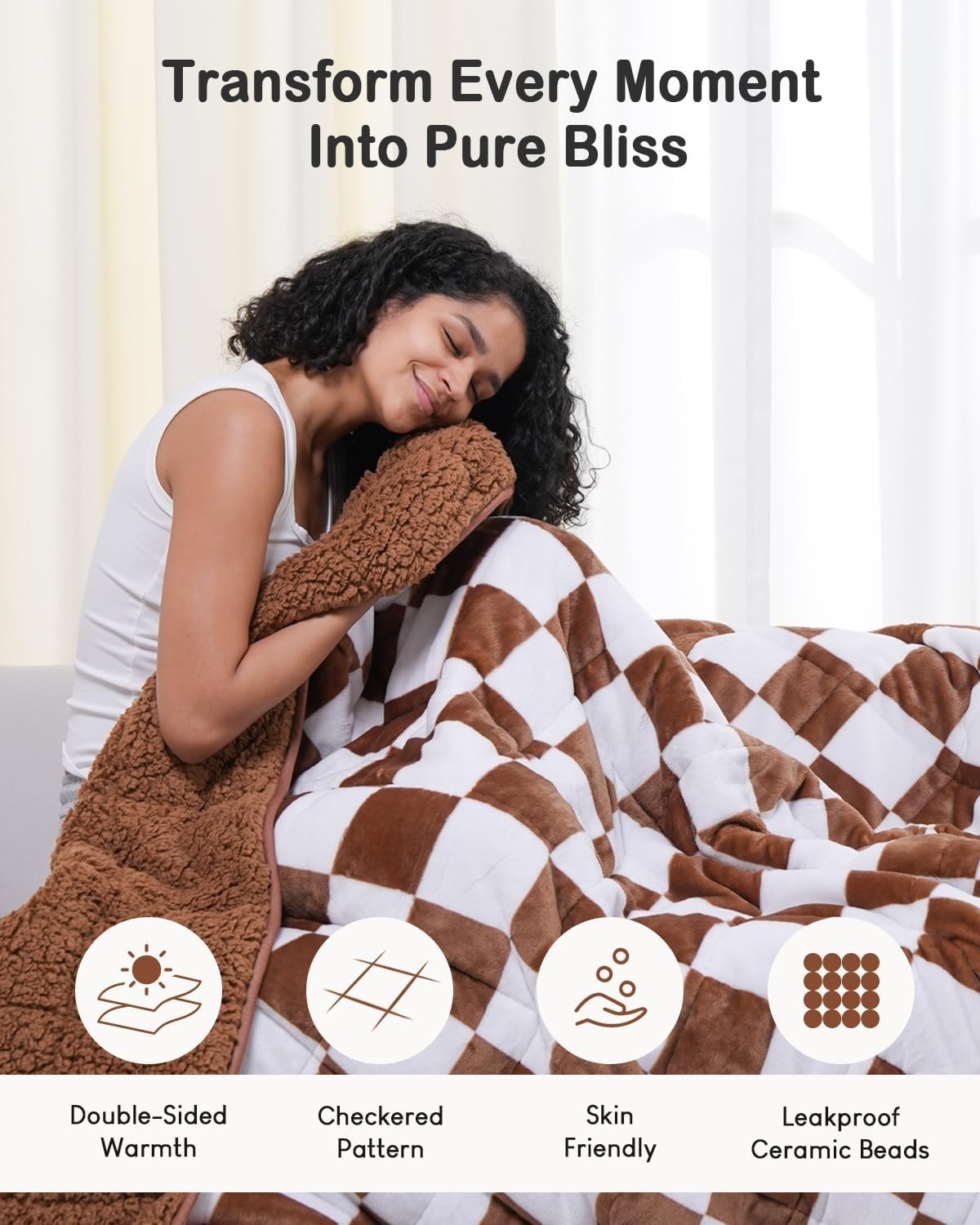 Weighted Blanket 15lb Sherpa Flannel Soft Warm Calming Throw 48x72 Plaid Khaki