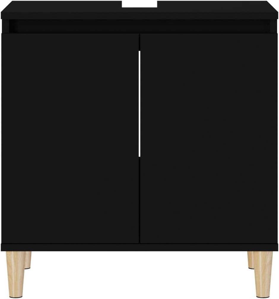 Black Under Sink Bathroom Cabinet with Wooden Legs – Modern Vanity Storage Unit