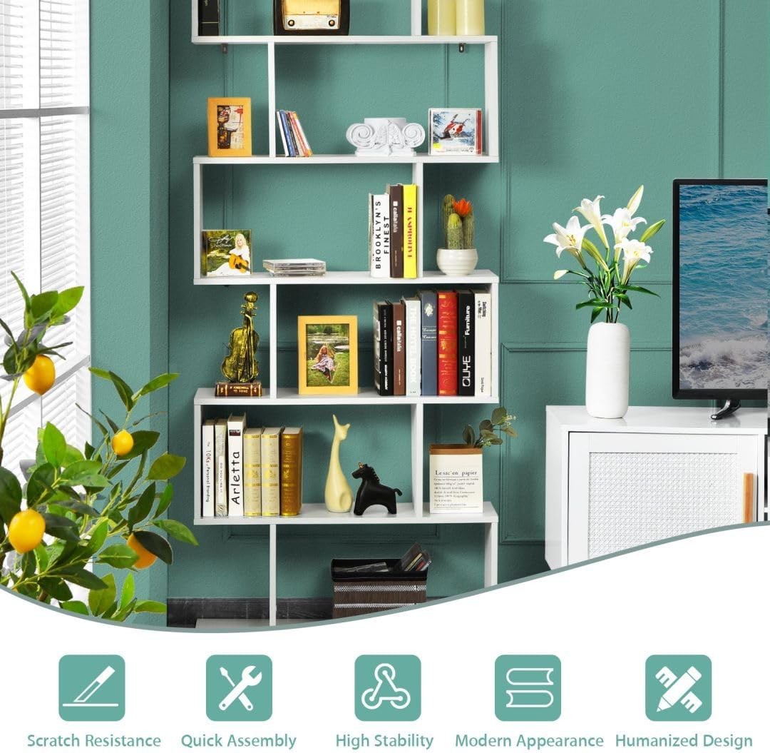 S-Shaped 6-Tier White Bookcase Modern Freestanding Storage Shelf Unit