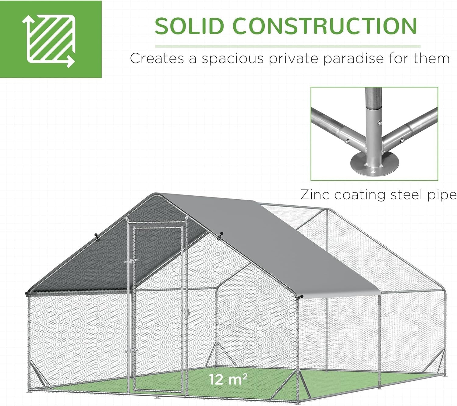 Walk In Chicken Run 3x4m Galvanised Coop with Cover & Shelf