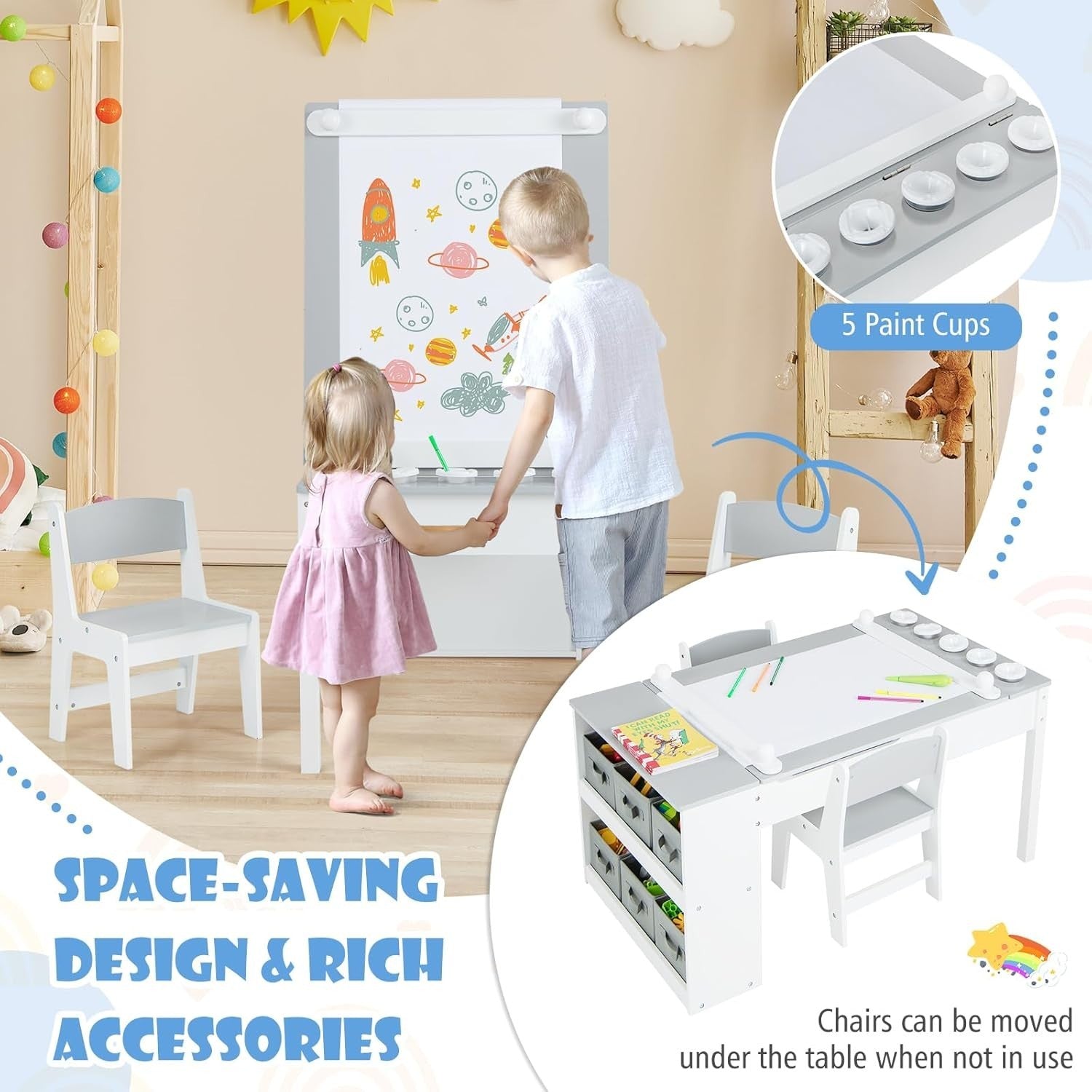 Kids Art Table and Chairs Set with Storage Boxes Drawing Desk Grey 5 Cups