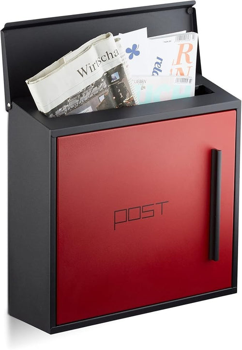 Wall Mounted Lockable Letterbox Steel Black Red | Large A4 Slot | Weatherproof