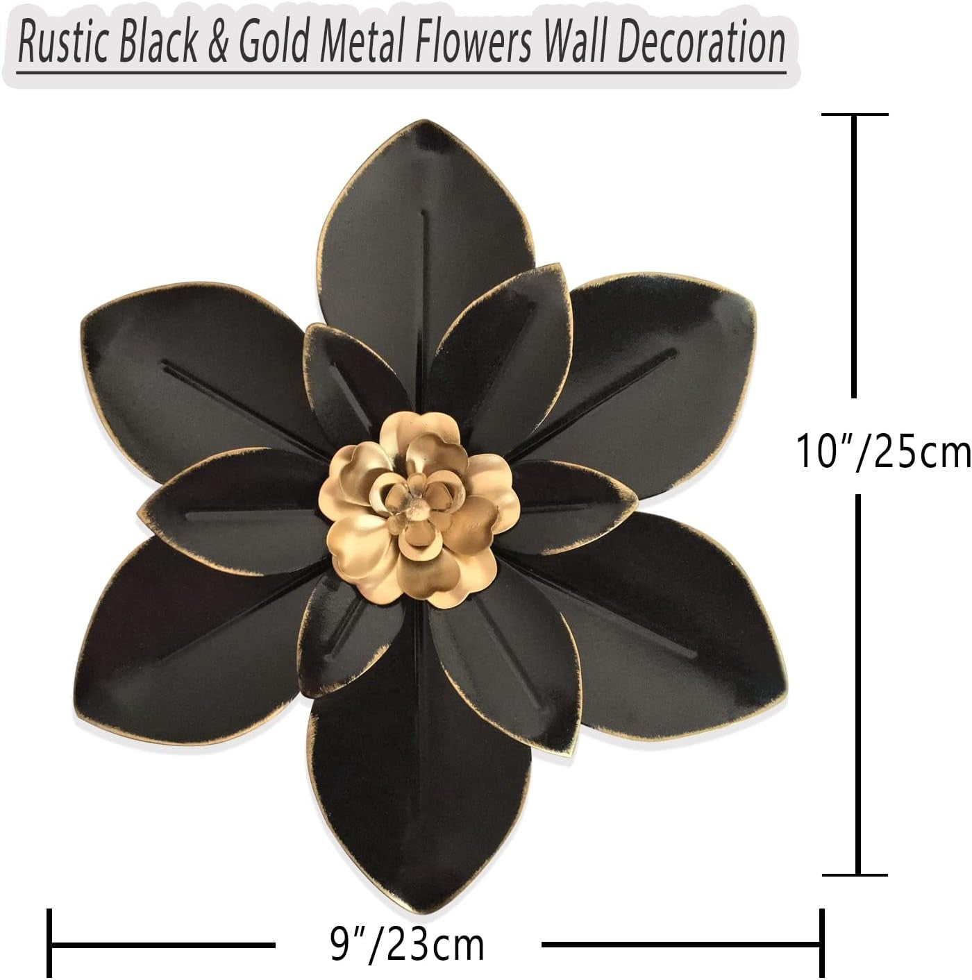 Metal Flower Wall Art 10in Rustic Black Gold Floral Decor