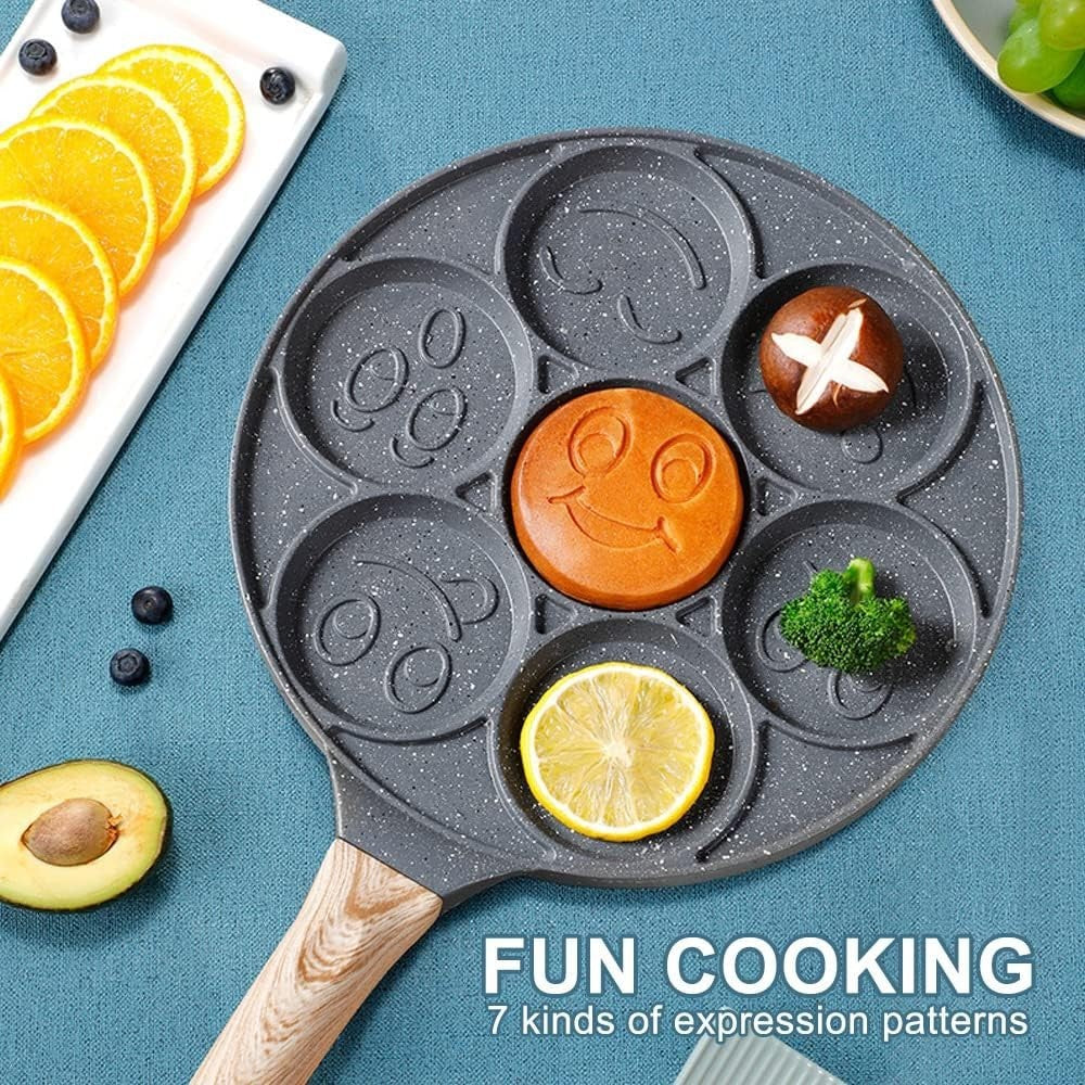 Smiley Face Pancake Pan 26cm Non Stick 7 Hole Mini Pancake Maker Induction Black