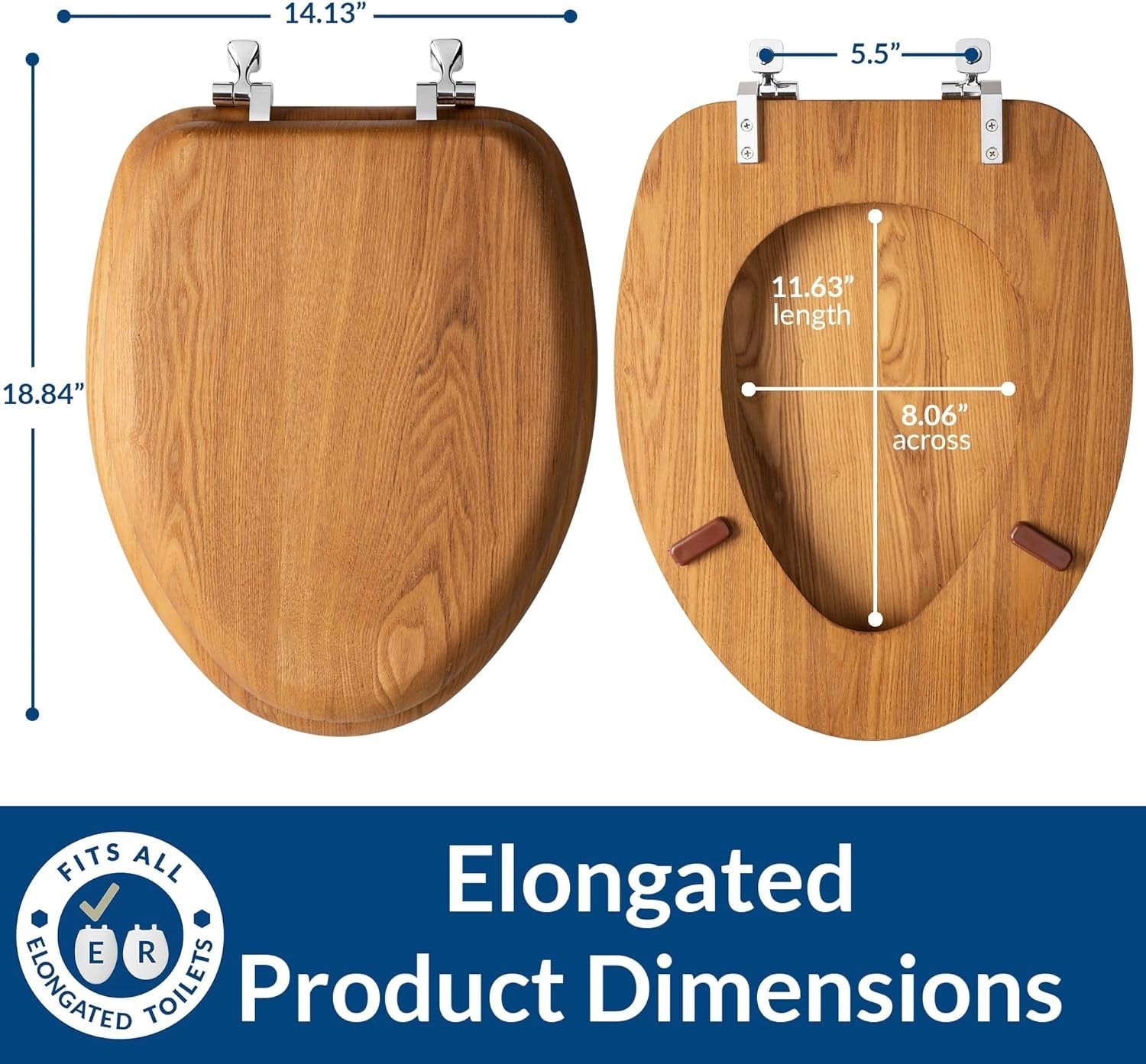Elongated Toilet Seat Natural Oak Wood Soft Durable Chrome Hinges