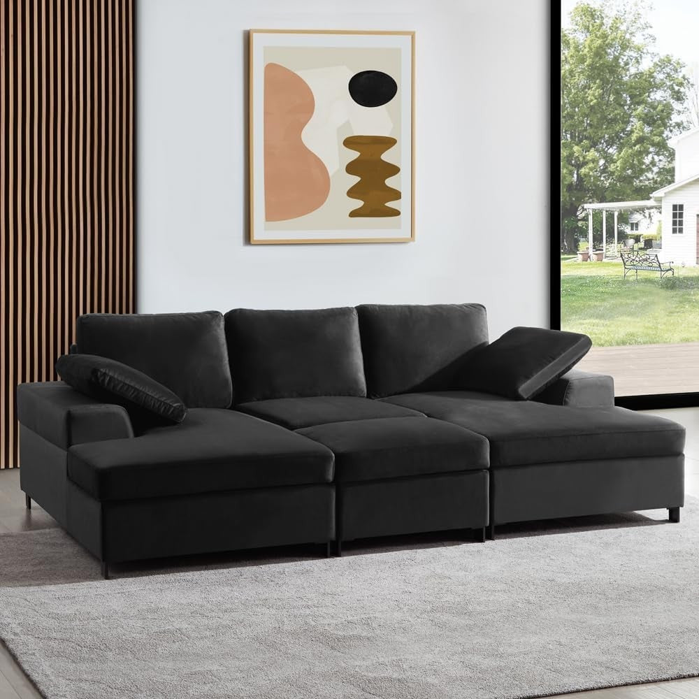 Black Velvet U-Shaped 5 Seater Sofa with Chaise & Storage Footstool Option