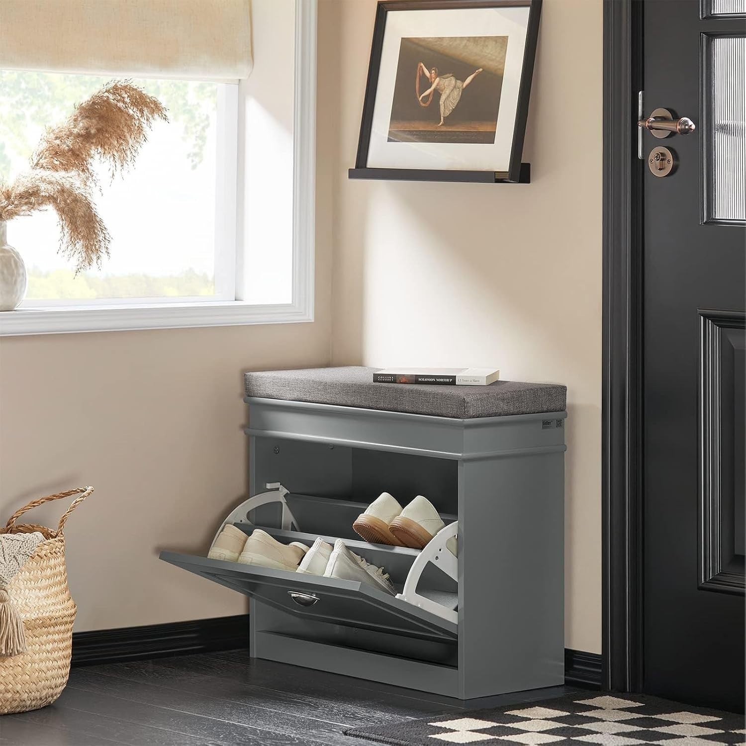 Narrow Shoe Storage Bench with Flip Drawer & Grey Cushion, 61x24x51 cm