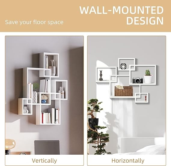 Modern Interlocking Cube Wall Shelves Floating Display Unit – White 5-Tier