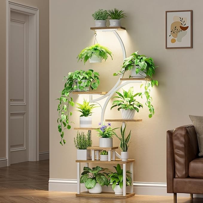 8 Tier S-Shaped Metal Plant Stand with Grow Lights Indoor Outdoor White