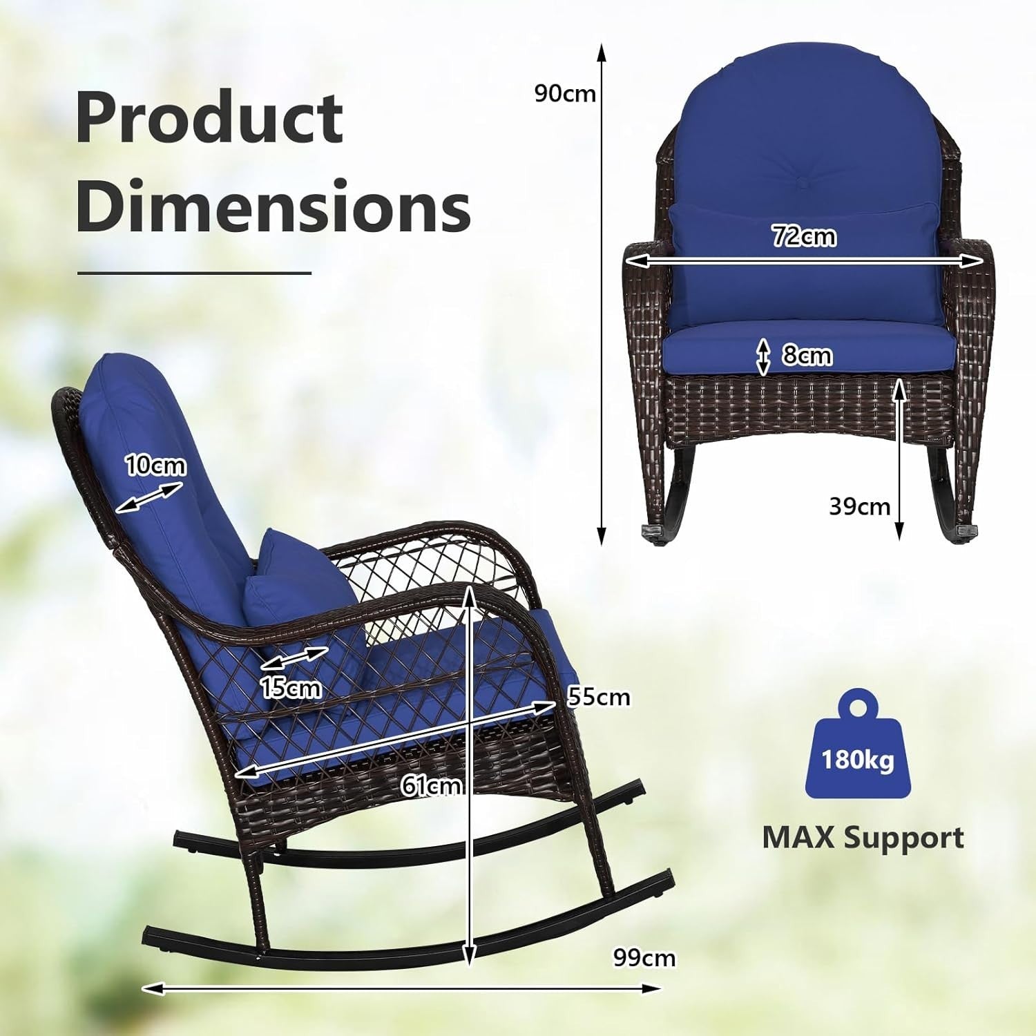 Rattan Garden Rocking Chair Outdoor Patio Seat w/ Cushions & Lumbar