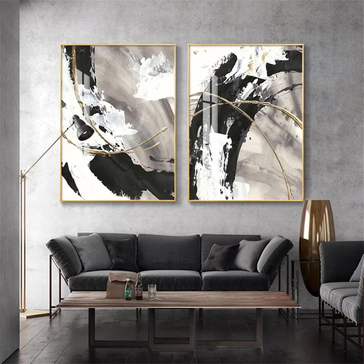 Black White Gold 3-Piece Canvas Wall Art 16x24 in Modern Abstract