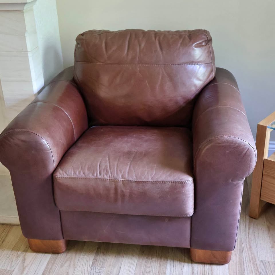 Chestnut Brown Leather Corner Sofa + Armchair + Footstool (PTP)