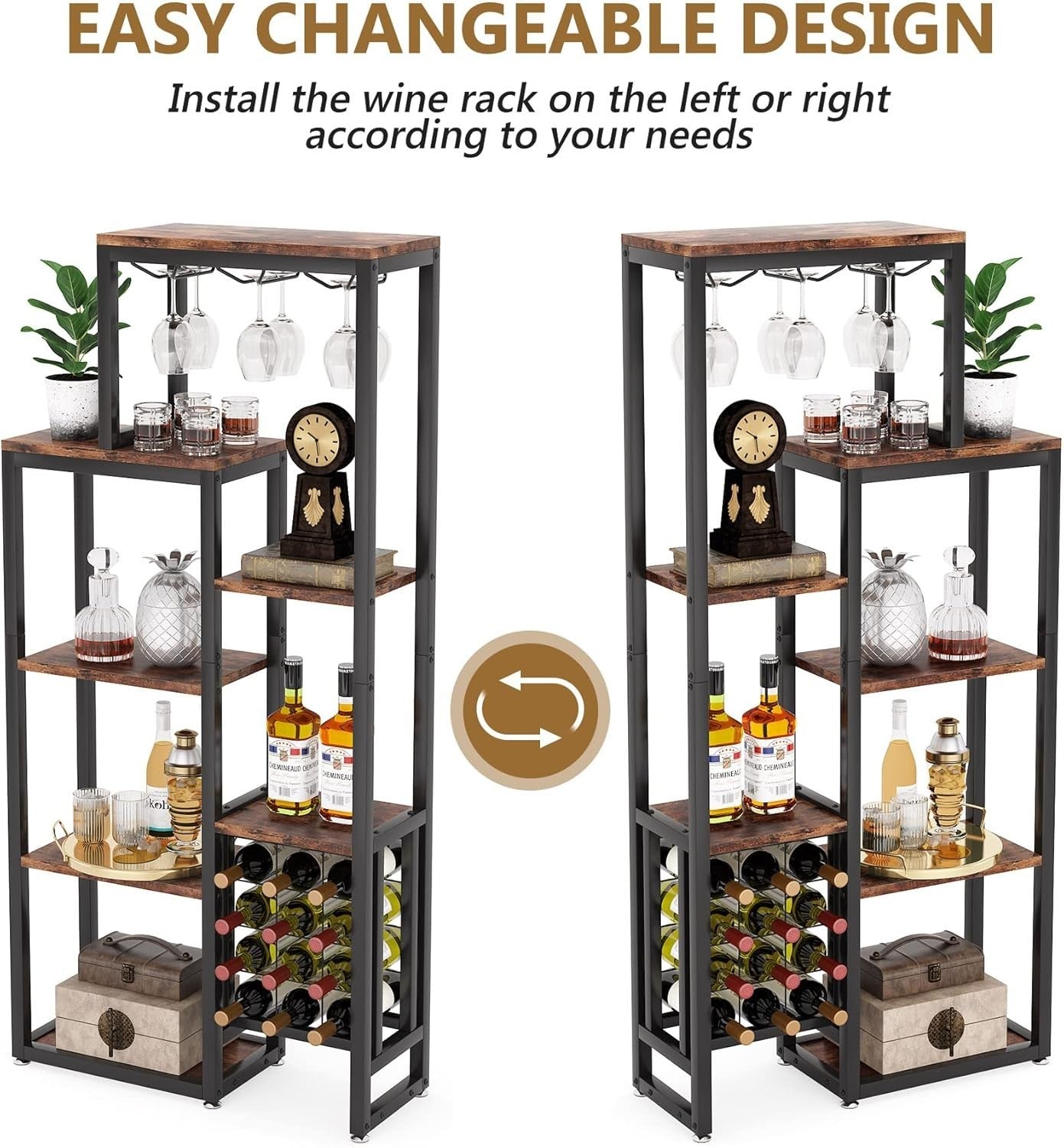 5-Tier Wine Rack Shelf with Glass Holder & Storage, Rustic