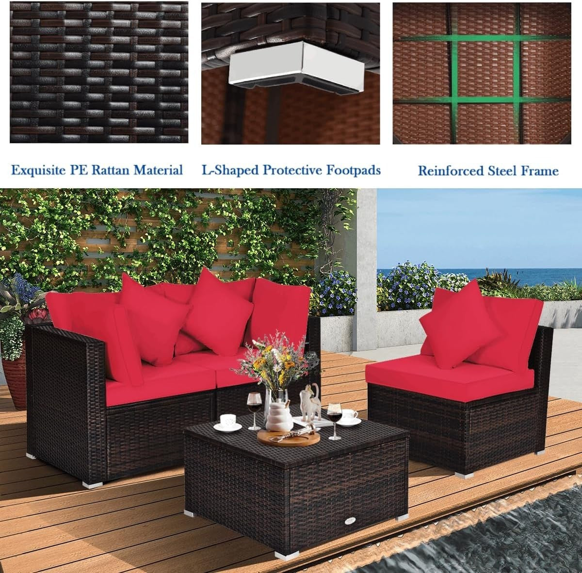4PC Red Rattan Garden Sofa Set Modular Patio Lounge Coffee Table Cushions