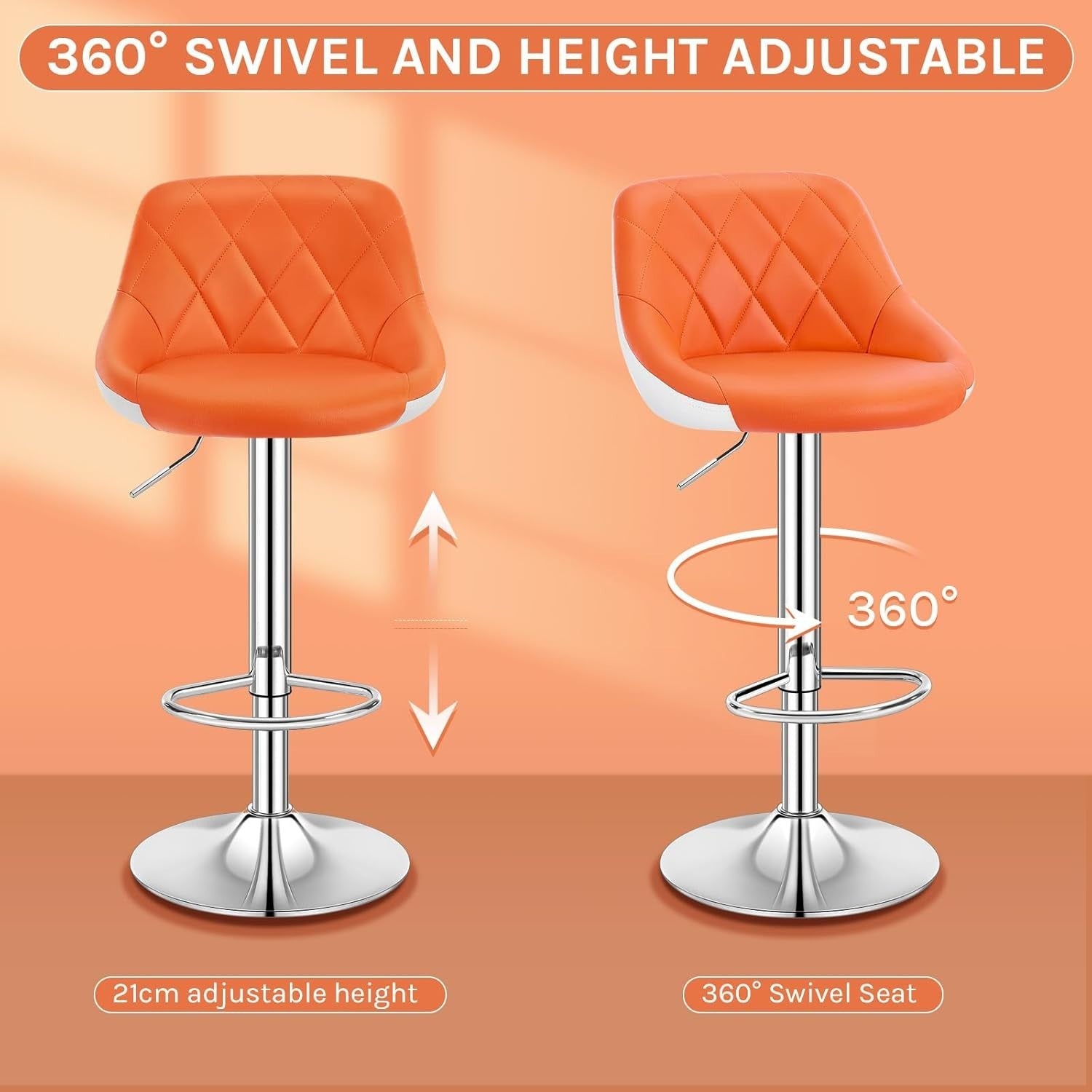 Orange+White Swivel Bar Stool – Adjustable PU Leather Seat with Footrest