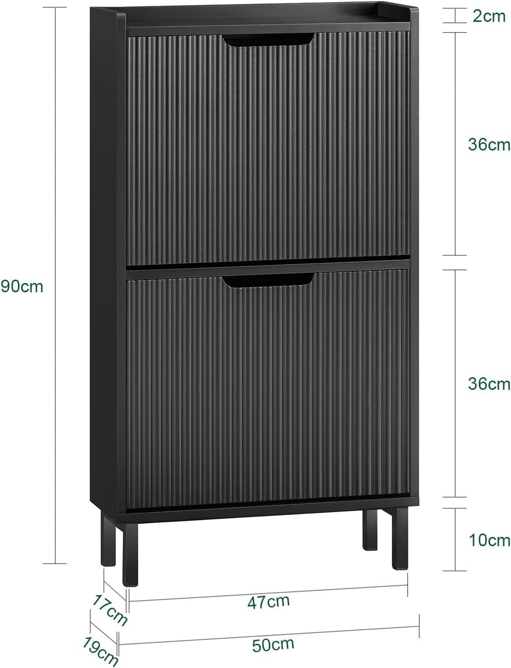 Slim Black Shoe Cabinet 2 Flip Drawers Narrow Hallway Storage 19cm Deep