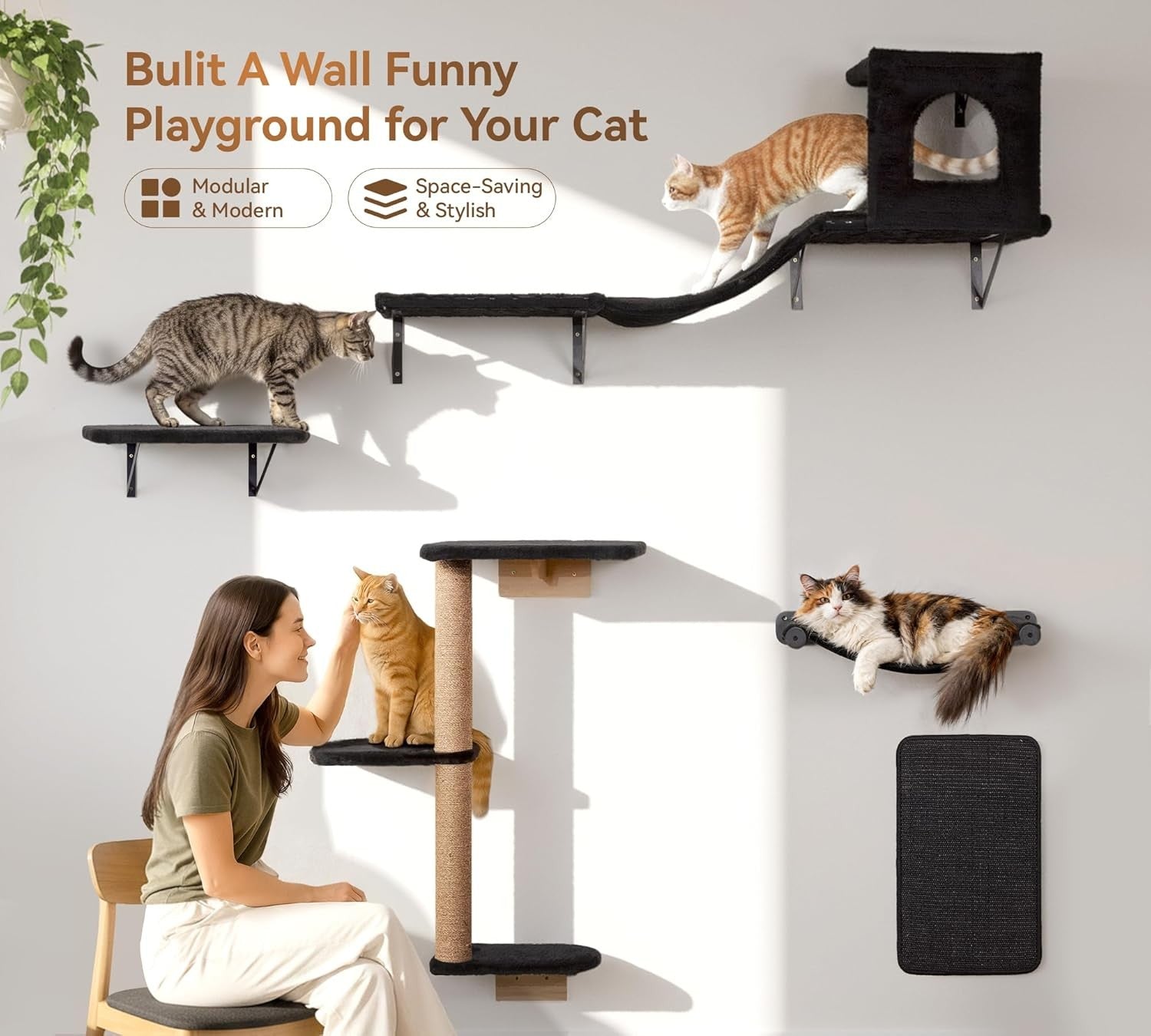 Cat Wall Climbing Set 5in1 Wall Mounted Shelves Scratcher Hammock House