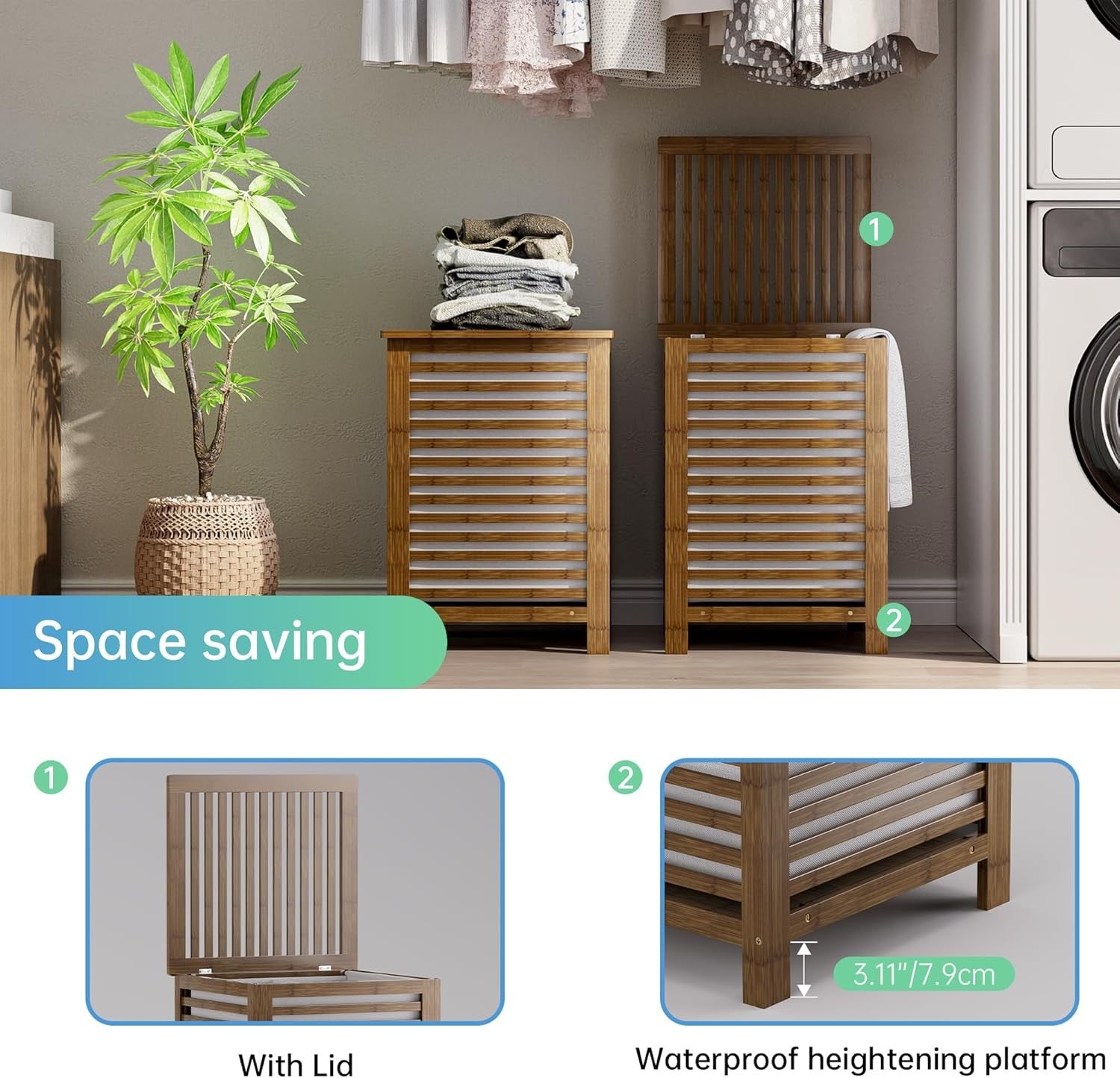 Walnut Bamboo Double Laundry Hamper with Lid 120L 2 Section Basket 47x47x65cm