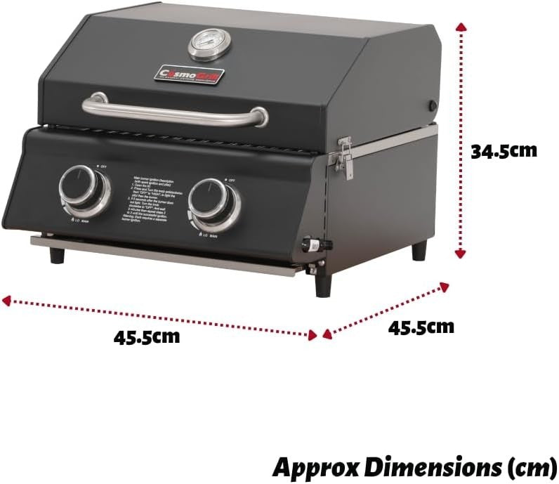 Compact 2 Burner Portable Gas BBQ Grill with Temperature Gauge Tabletop Outdoor