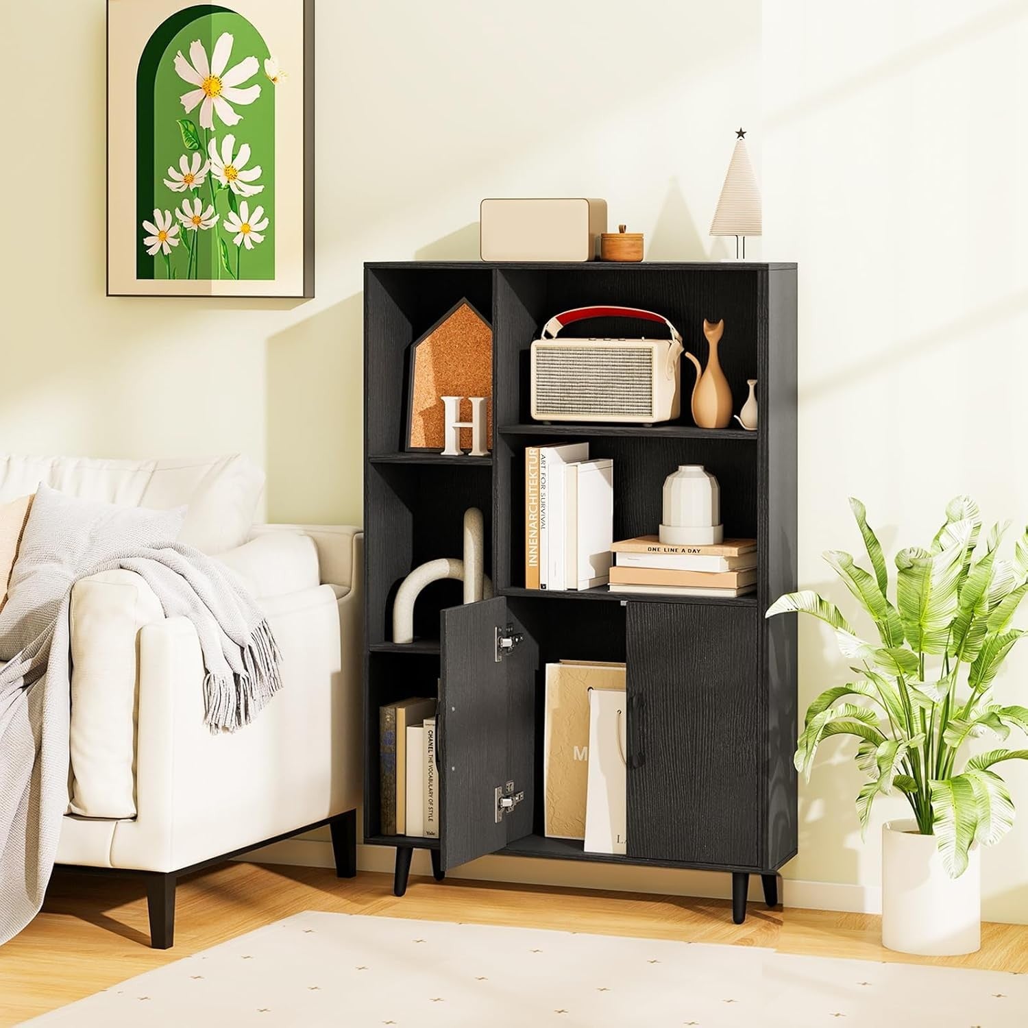 Modern Tall Storage Bookcase with Doors & Open Shelves – 80×23×119cm Black