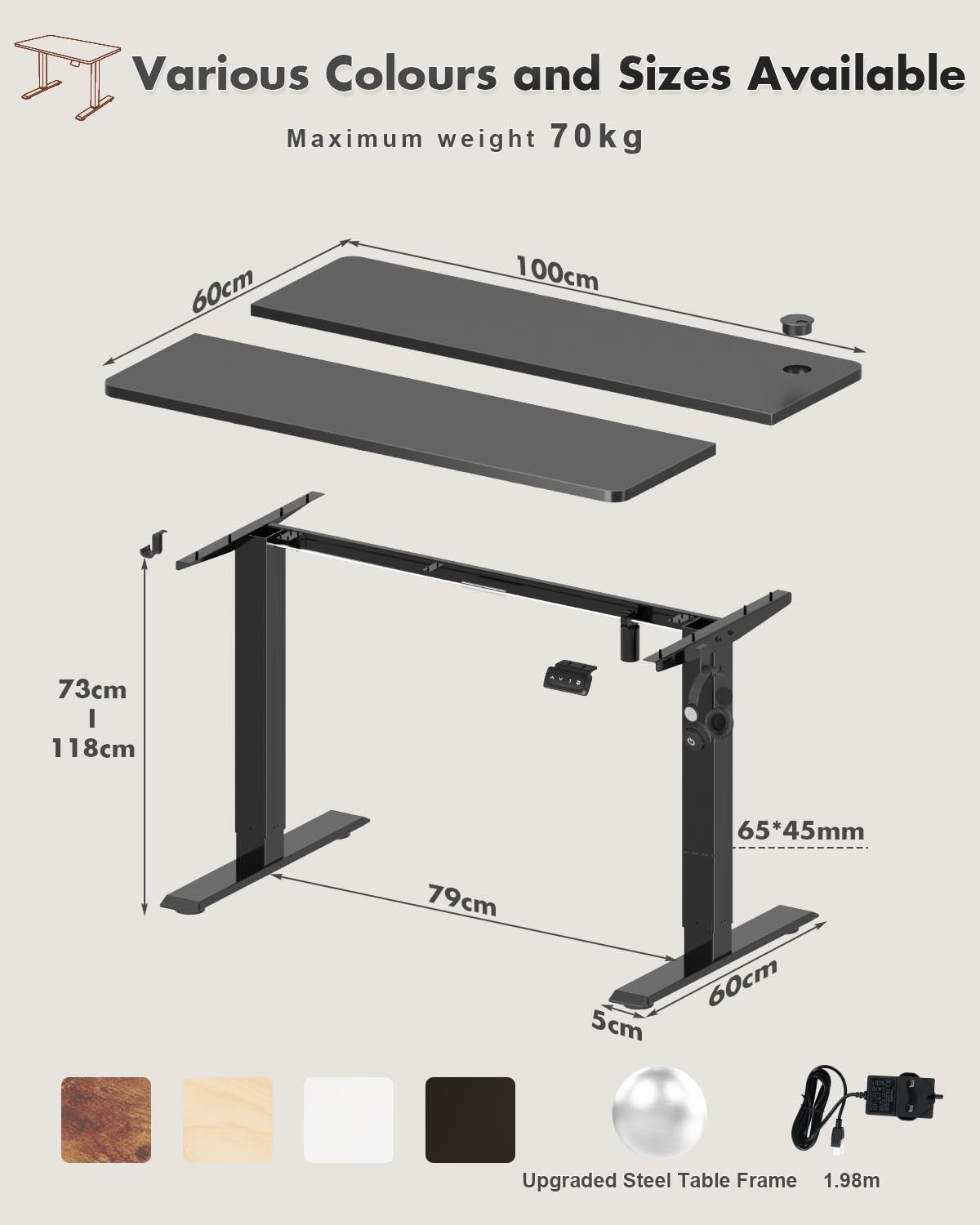 Electric Standing Desk 100x60cm Adjustable Sit Stand Table w/ USB & Memory Panel