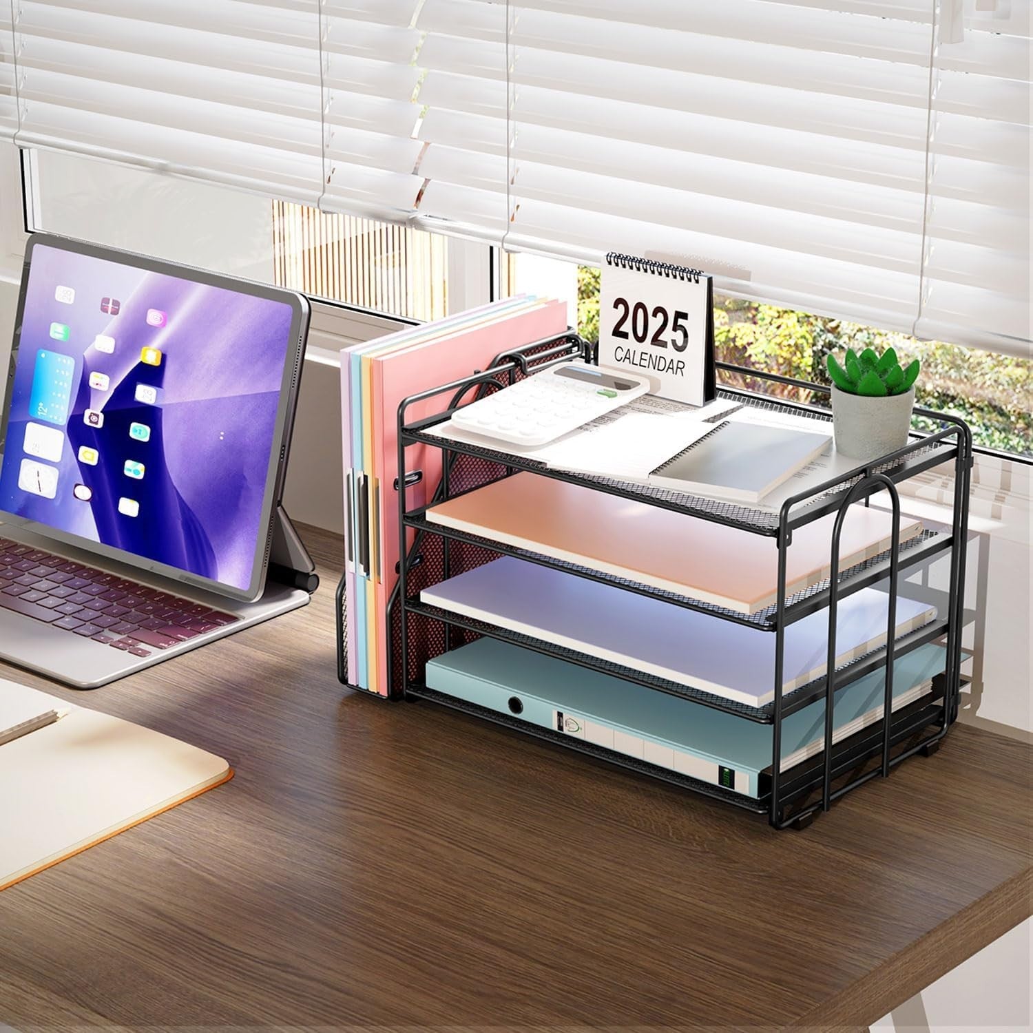 4-Tier Desk Organizer with Magazine Holder | Metal File & Paper Storage