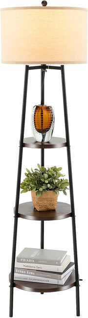 Tripod Floor Lamp with 3 Wooden Shelves & Linen Shade, E27 Socket